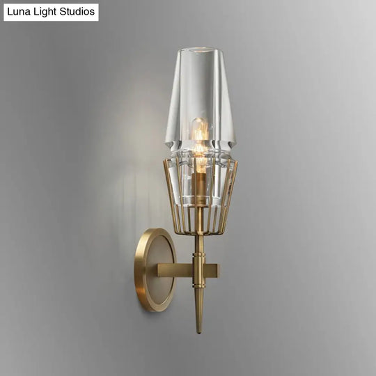 Modern Clear Glass Wall Sconce Tapered Design Gold Finish 1/2 Mount Lights