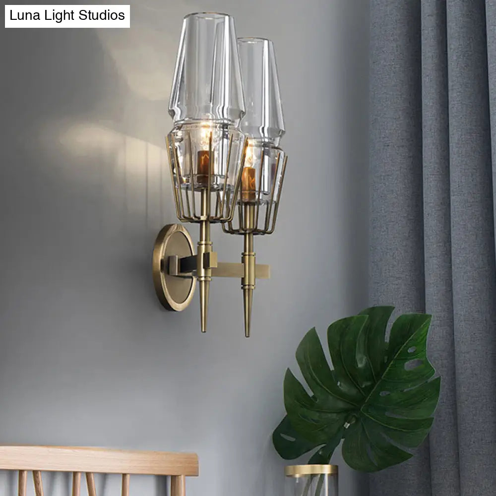 Modern Clear Glass Wall Sconce Tapered Design Gold Finish 1/2 Mount Lights