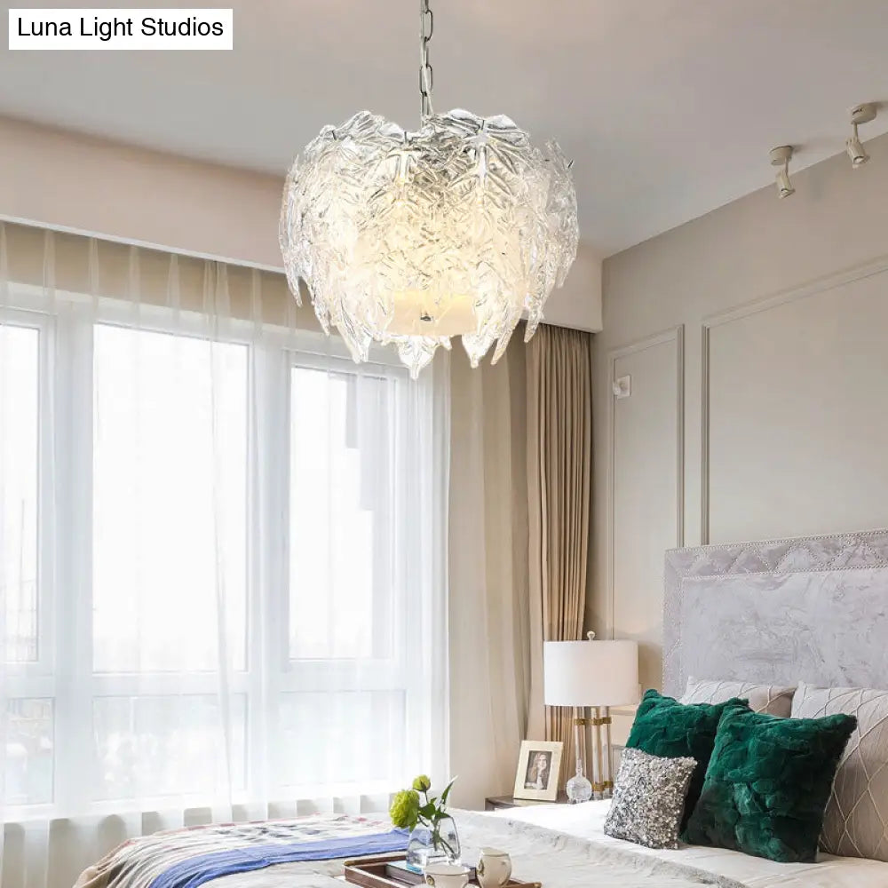 Modern Clear Textured Glass Leaf Pendant Chandelier - 10 Head Bedroom Suspension Lighting