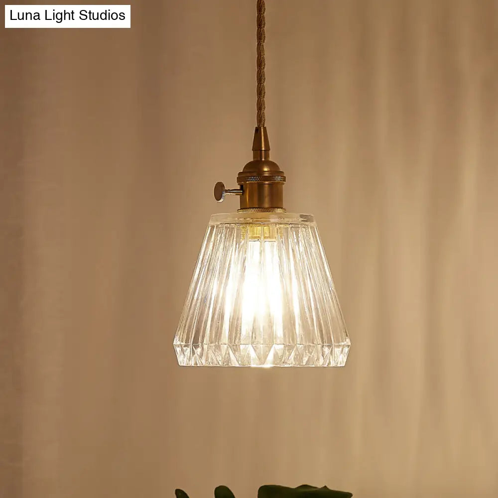 Modern Cone Hanging Ceiling Light - 1 Ribbed Glass Pendant In Brass