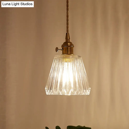 Modern Cone Hanging Ceiling Light - 1 Ribbed Glass Pendant In Brass