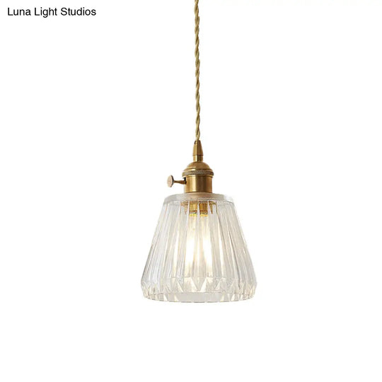 Modern Cone Hanging Ceiling Light - 1 Ribbed Glass Pendant In Brass