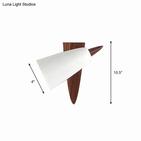 Modern Cone Metal Wall Light With Wood Backplate - White 1-Bulb Sconce Fixture