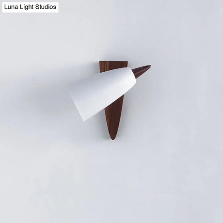Modern Cone Metal Wall Light With Wood Backplate - White 1-Bulb Sconce Fixture