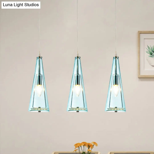 Modern Cone Pendant Lamp In Chrome With Blue/Amber/Clear Glass Panels - 3 Lights Ceiling Hanging