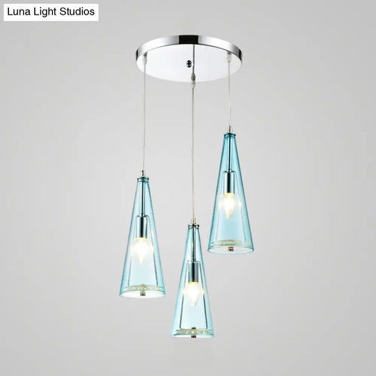 Modern Cone Pendant Lamp In Chrome With Blue/Amber/Clear Glass Panels - 3 Lights Ceiling Hanging
