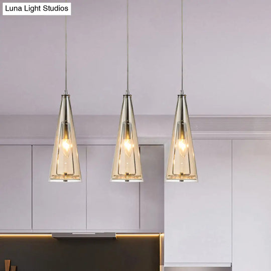 Modern Cone Pendant Lamp In Chrome With Blue/Amber/Clear Glass Panels - 3 Lights Ceiling Hanging