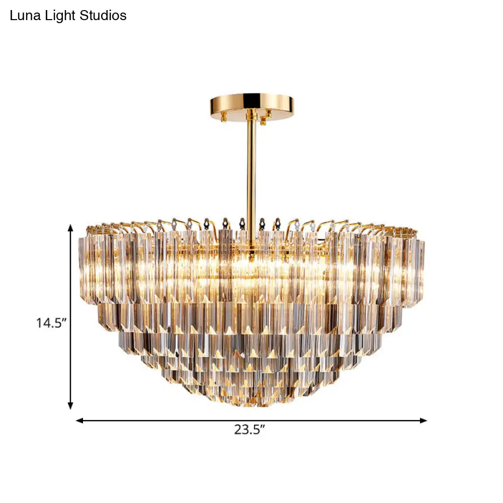 Modern Conic Semi-Mount Gold Crystal Ceiling Light Fixture With 10 Faceted Lights And Tiered Design