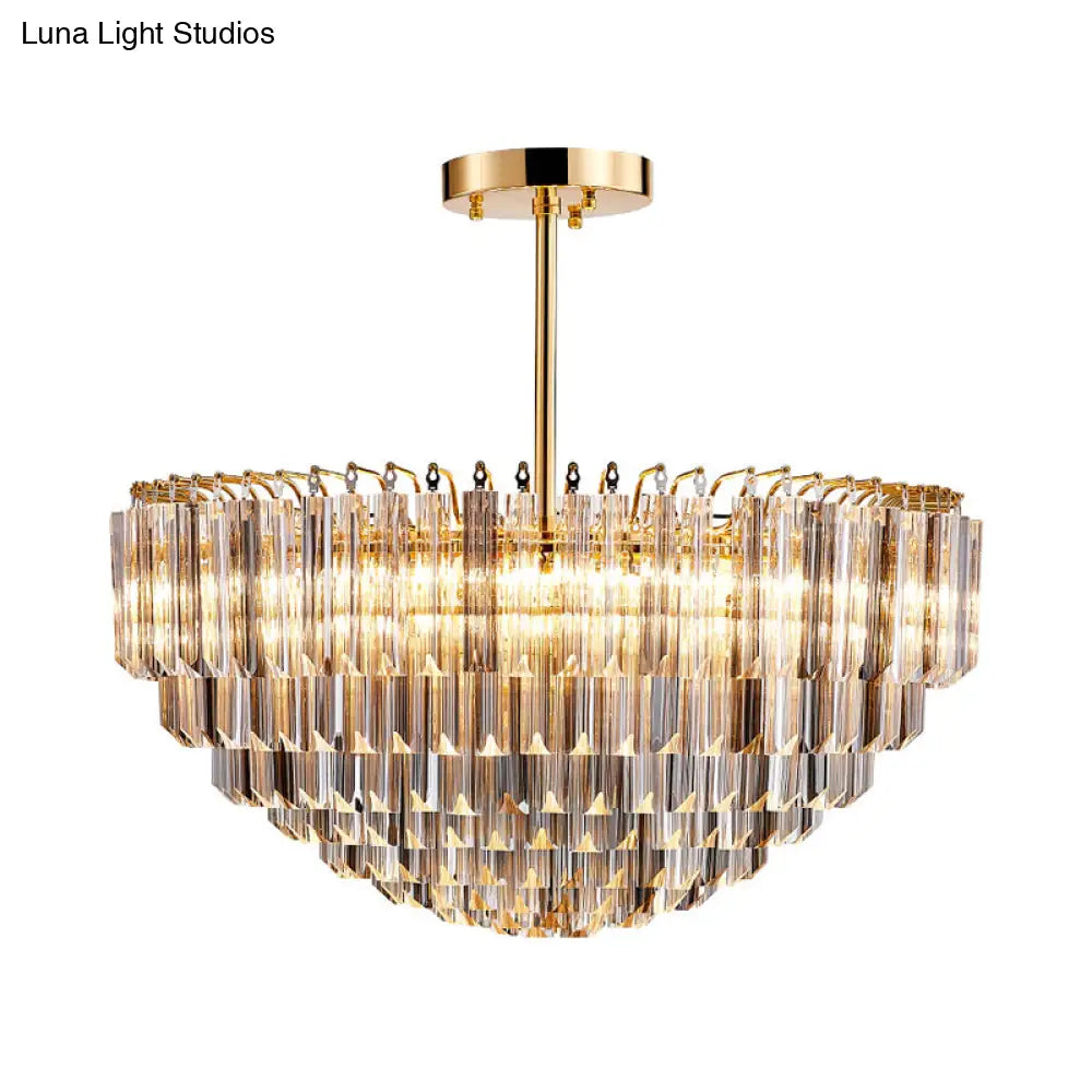 Modern Conic Semi-Mount Gold Crystal Ceiling Light Fixture With 10 Faceted Lights And Tiered Design