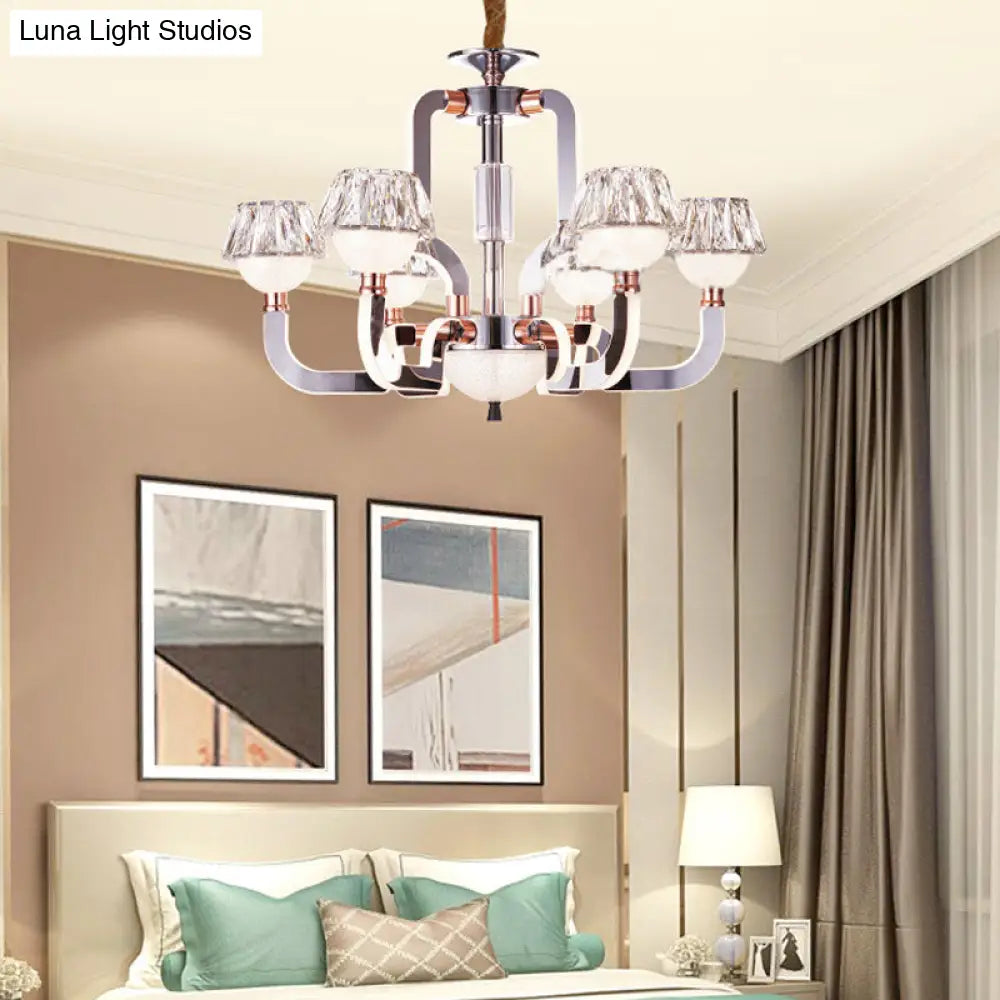Modern Conical Crystal Chandelier - 6-Light Bedroom Hanging Lamp In Chrome