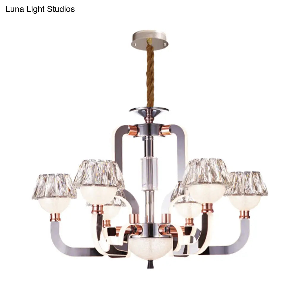 Modern Conical Crystal Chandelier - 6-Light Bedroom Hanging Lamp In Chrome