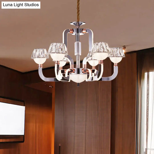 Modern Conical Crystal Chandelier - 6-Light Bedroom Hanging Lamp In Chrome