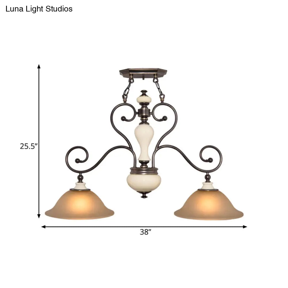 Modern Countryside Style Chandelier Light - White Glass Black Island Lamp With Flared 2 Heads And