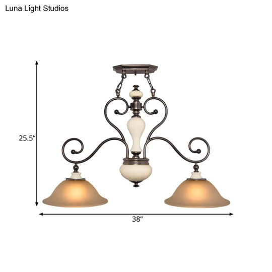 Modern Countryside Style Chandelier Light - White Glass Black Island Lamp With Flared 2 Heads And