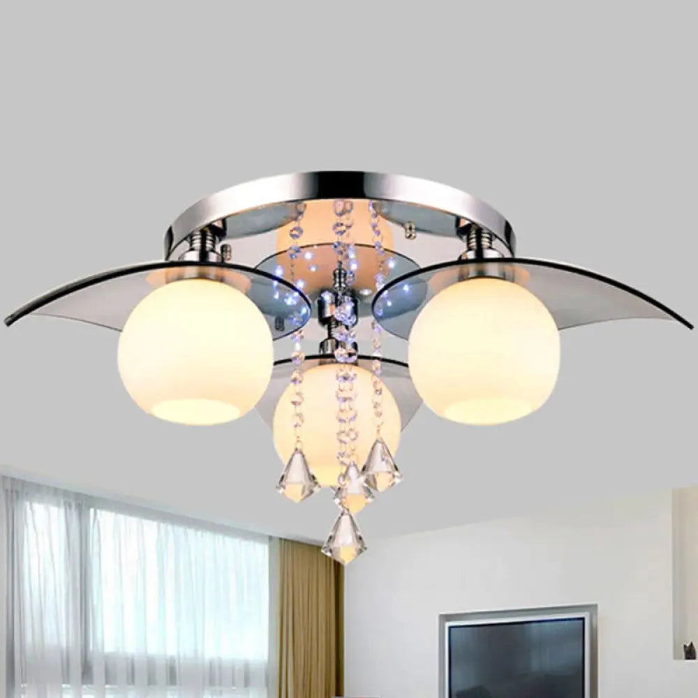 Modern Cream Glass Ball Dining Room Semi Flush Light With Crystal Diamond Accents - 3 - Bulb Chrome
