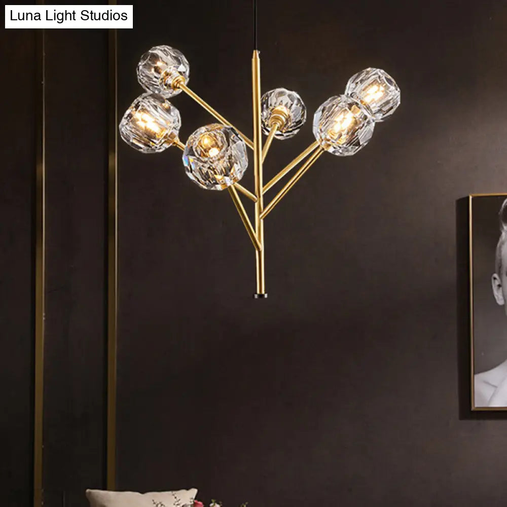 Modern Crystal Ball Chandelier With Gold Suspension Lighting - 3/6 Heads | Branches Parlour