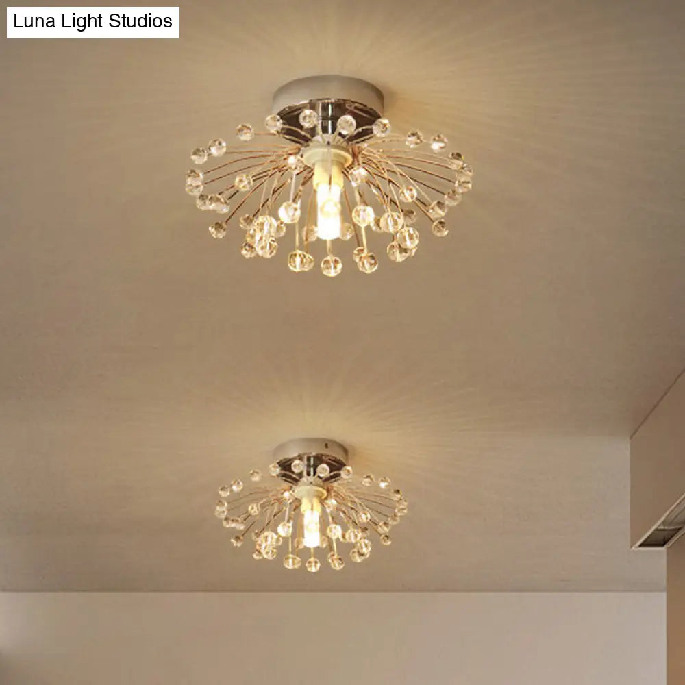 Modern Crystal Bead Starburst Foyer Mini Semi Flush Light Ceiling Lamp Silver