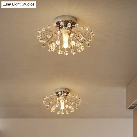 Modern Crystal Bead Starburst Foyer Mini Semi Flush Light Ceiling Lamp Silver