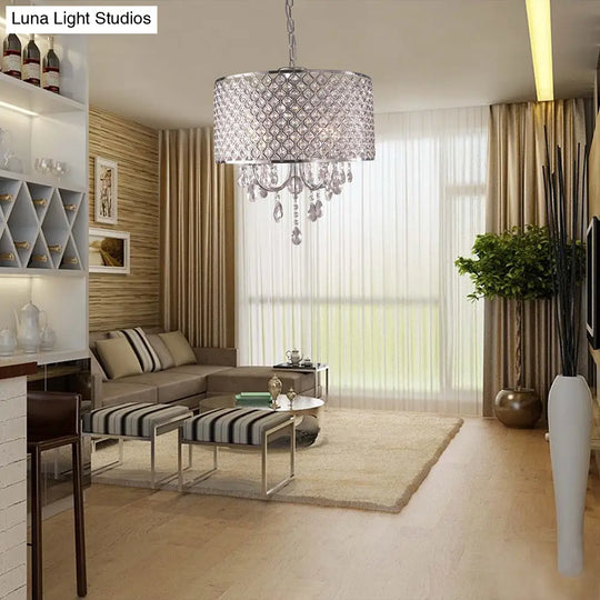 Modern Crystal Black/Chrome Pendant Drum Chandelier - 4 Lights Rustic Dining Room Light Fixture