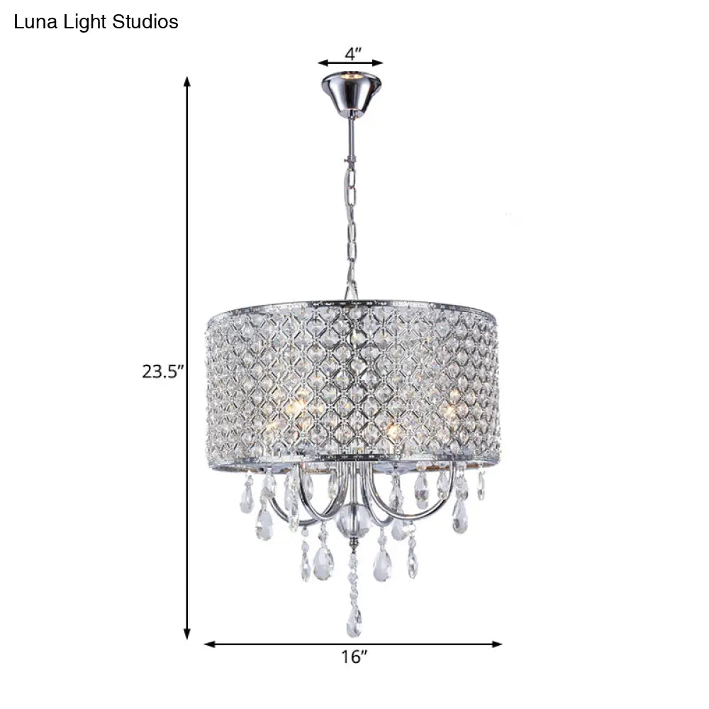 Modern Crystal Black/Chrome Pendant Drum Chandelier - 4 Lights Rustic Dining Room Light Fixture