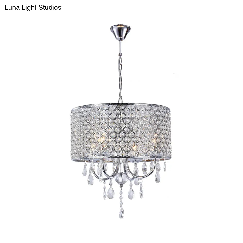Modern Crystal Black/Chrome Pendant Drum Chandelier - 4 Lights Rustic Dining Room Light Fixture
