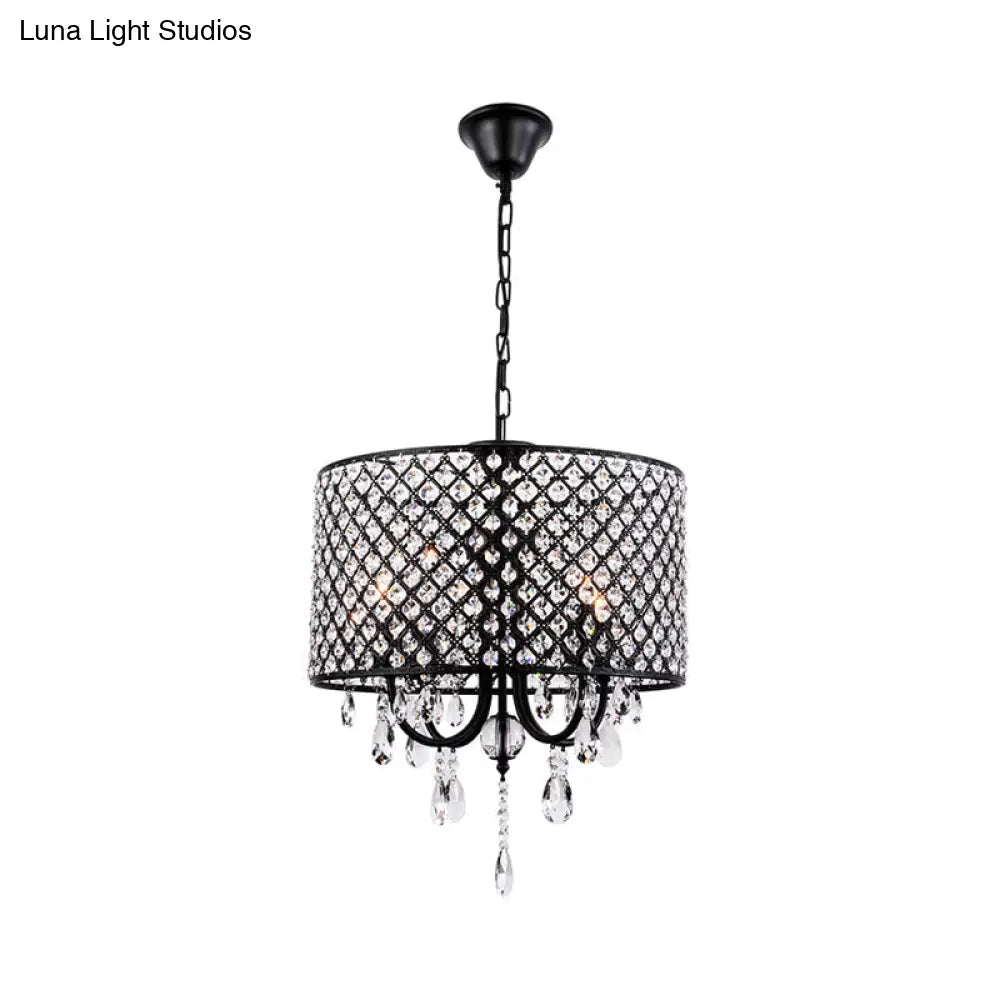 Modern Crystal Black/Chrome Pendant Drum Chandelier - 4 Lights Rustic Dining Room Light Fixture