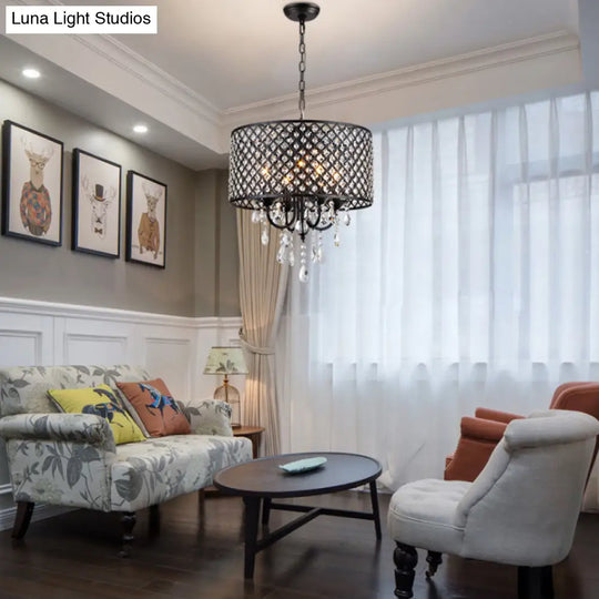 Modern Crystal Black/Chrome Pendant Drum Chandelier - 4 Lights Rustic Dining Room Light Fixture