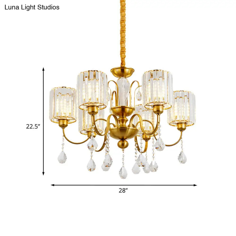 Modern Gold Finish Cylinder Pendant Chandelier With Crystal Block - 6 Heads Suspension Light For