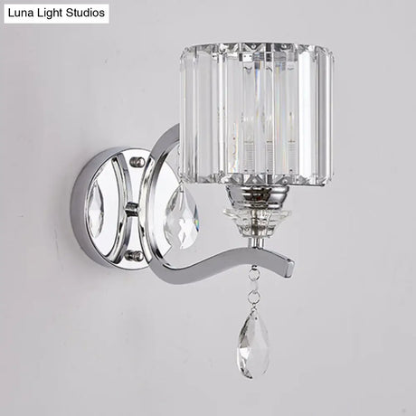 Modern Crystal Block Cylinder Wall Sconce In Chrome - Bedroom Light Fixture