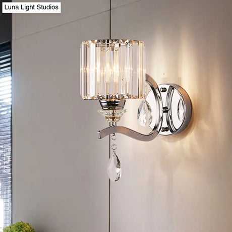 Modern Crystal Block Cylinder Wall Sconce In Chrome - Bedroom Light Fixture