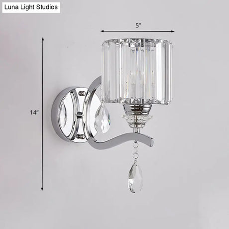 Modern Crystal Block Cylinder Wall Sconce In Chrome - Bedroom Light Fixture