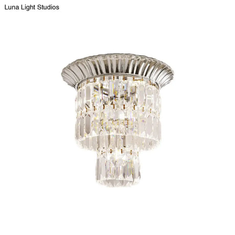 Modern Crystal Block Double Cylinder Shade Flush Ceiling Light - 5 Lights Chrome/Gold