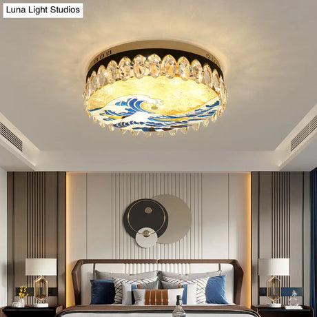 Modern Crystal Block Drum Flush Mount Led Ceiling Light For Bedroom In Brass Finish