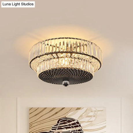 Modern Crystal Block Drum Flushmount Lamp With 4 Lights In Black