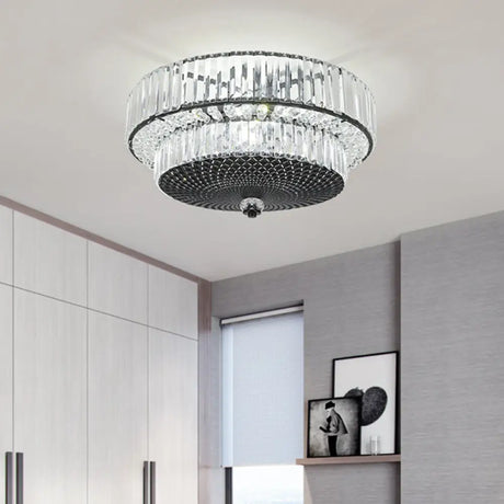 Modern Crystal Block Drum Flushmount Lamp With 4 Lights In Black