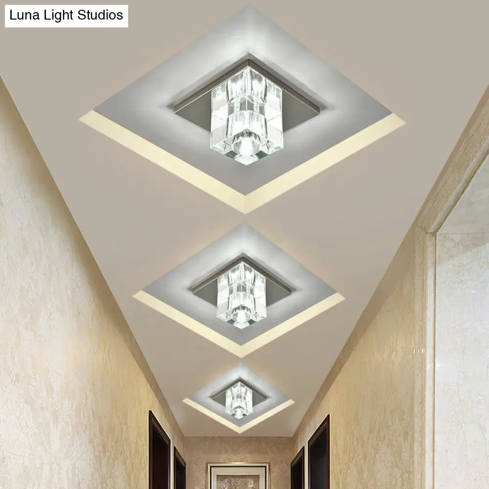 Modern Crystal Block Mini Flush Ceiling Light With Clear Led - Ideal For Corridor