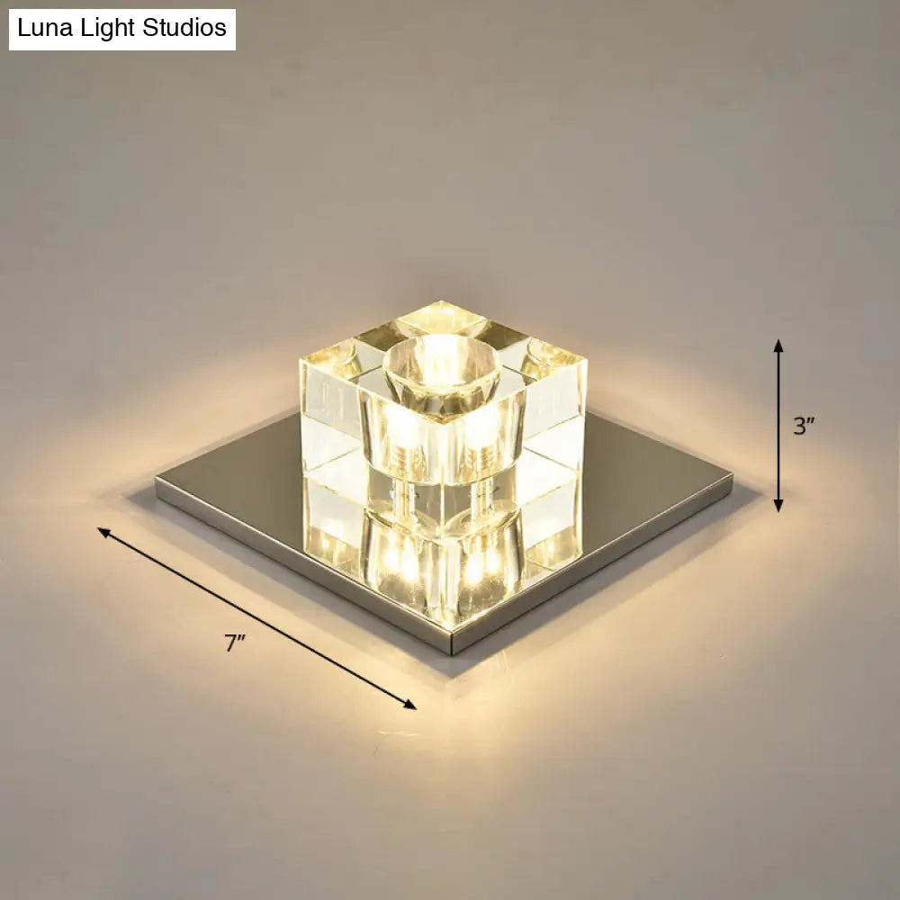 Modern Crystal Block Mini Flush Ceiling Light With Clear Led - Ideal For Corridor / 7 Warm