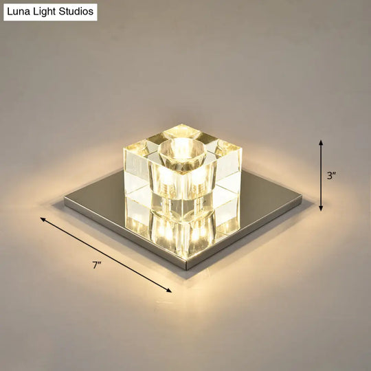 Modern Crystal Block Mini Flush Ceiling Light With Clear Led - Ideal For Corridor / 7 Warm