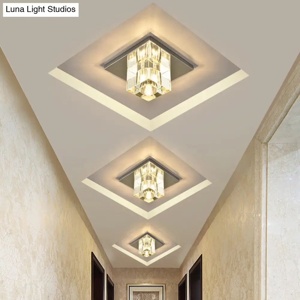 Modern Crystal Block Mini Flush Ceiling Light With Clear Led - Ideal For Corridor