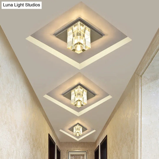 Modern Crystal Block Mini Flush Ceiling Light With Clear Led - Ideal For Corridor