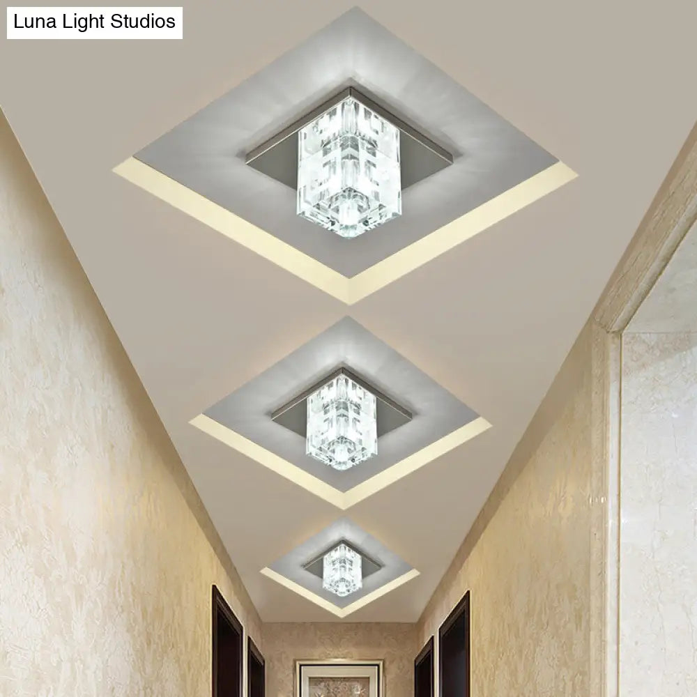 Modern Crystal Block Mini Flush Ceiling Light With Clear Led - Ideal For Corridor