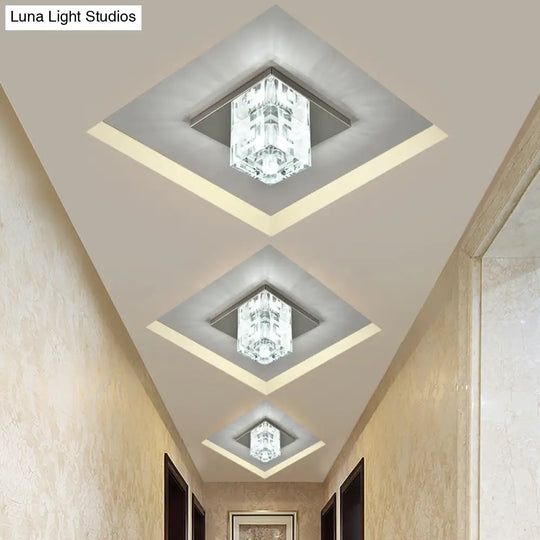 Modern Crystal Block Mini Flush Ceiling Light With Clear Led - Ideal For Corridor