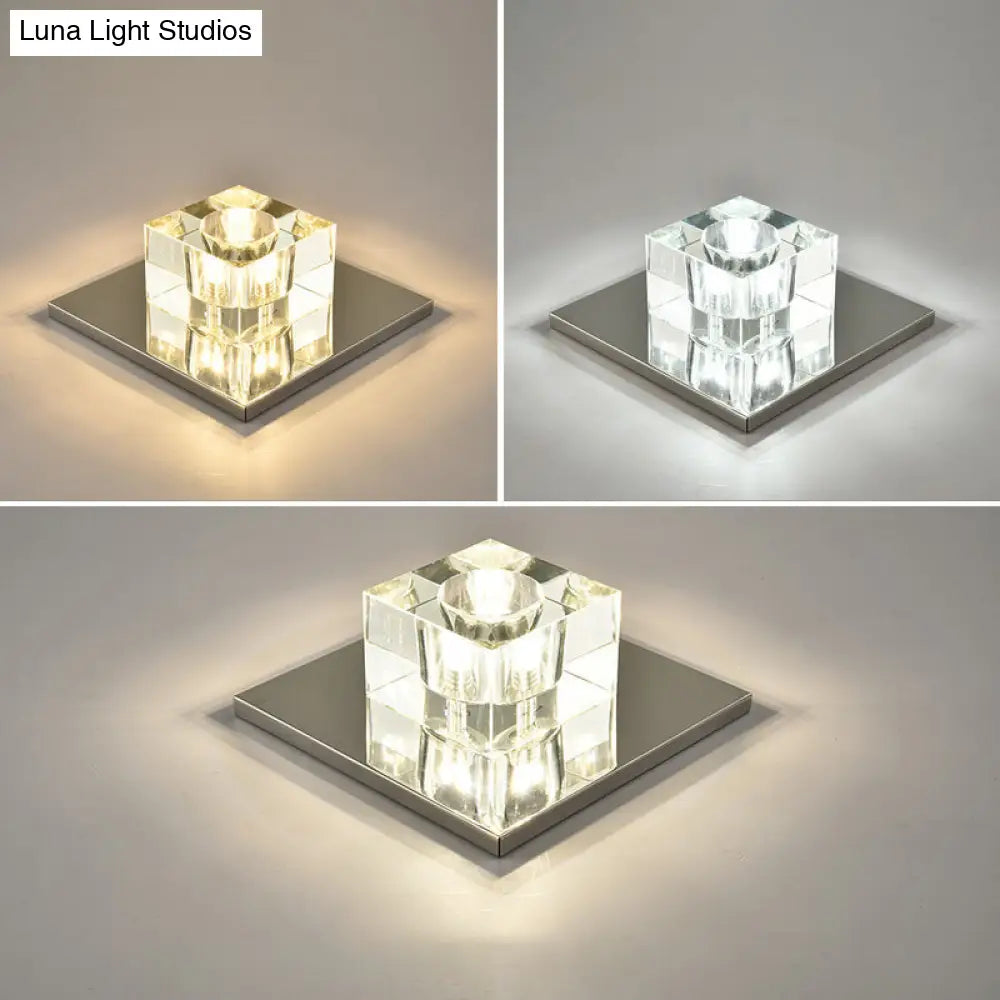 Modern Crystal Block Mini Flush Ceiling Light With Clear Led - Ideal For Corridor / 7 Third Gear