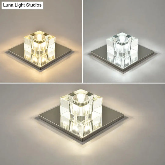 Modern Crystal Block Mini Flush Ceiling Light With Clear Led - Ideal For Corridor / 7 Third Gear