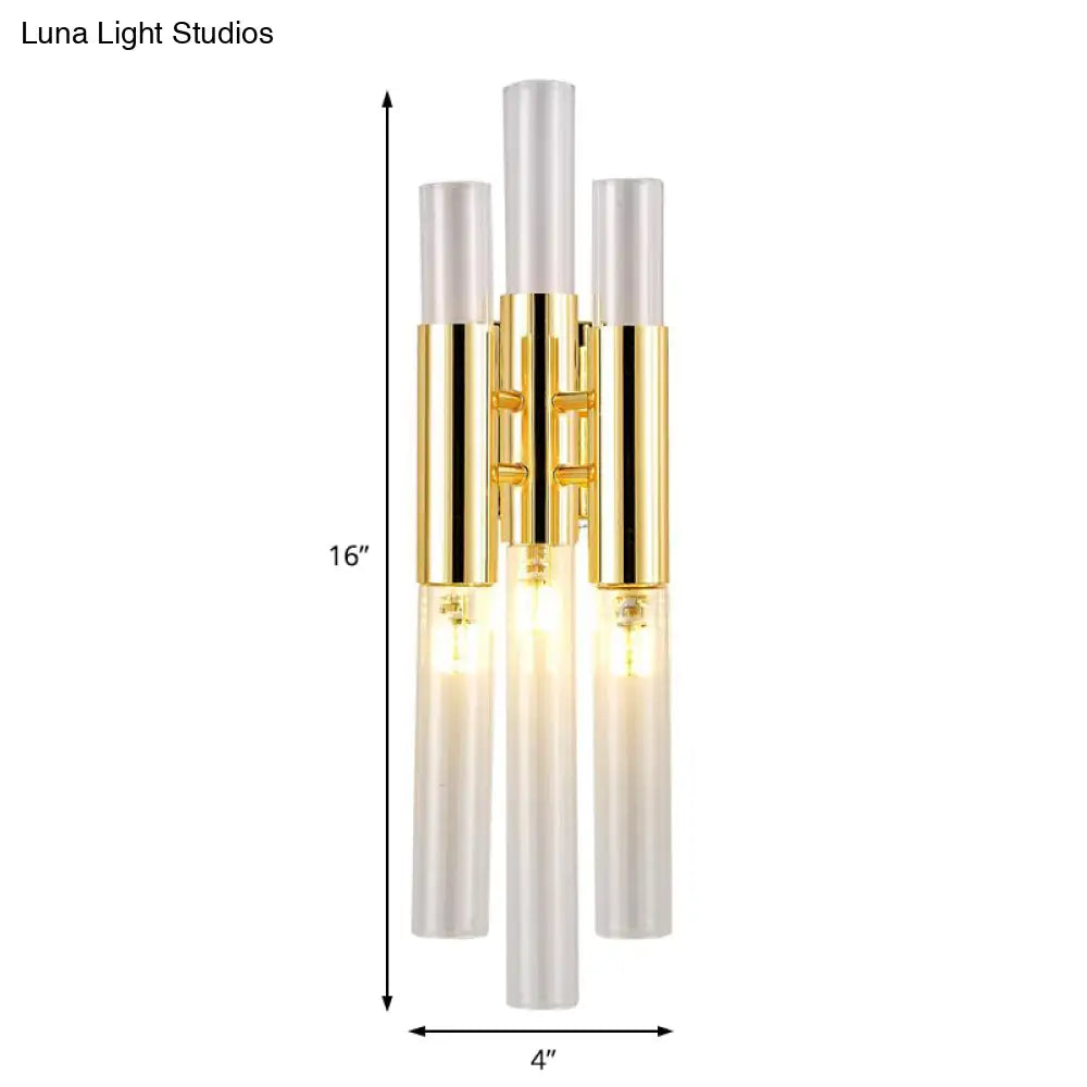 Modern Crystal Brass Flute Wall Mount Sconce Light Fixture For Living Room - 3 Lights