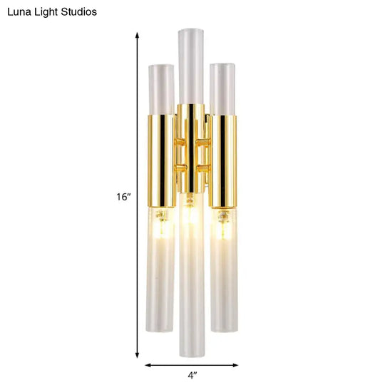 Modern Crystal Brass Flute Wall Mount Sconce Light Fixture For Living Room - 3 Lights
