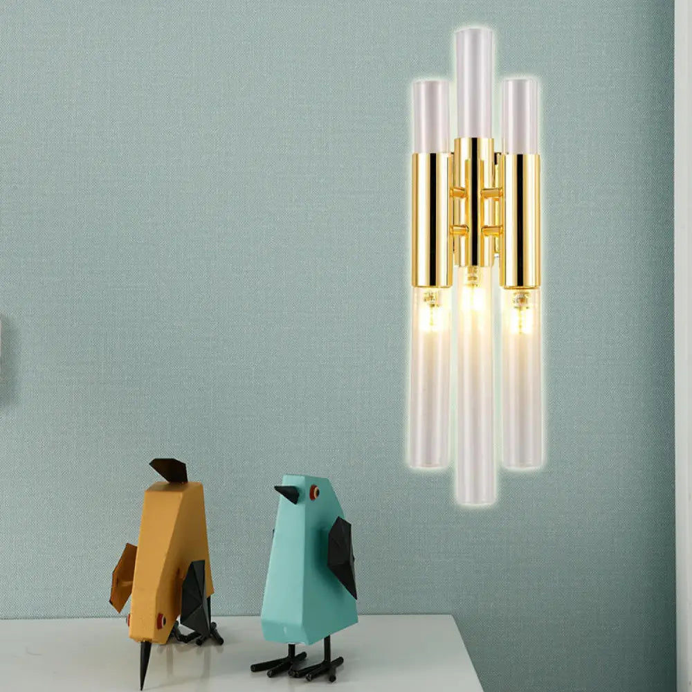 Modern Crystal Brass Flute Wall Mount Sconce Light Fixture For Living Room - 3 Lights