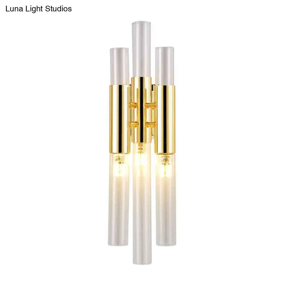 Modern Crystal Brass Flute Wall Mount Sconce Light Fixture For Living Room - 3 Lights