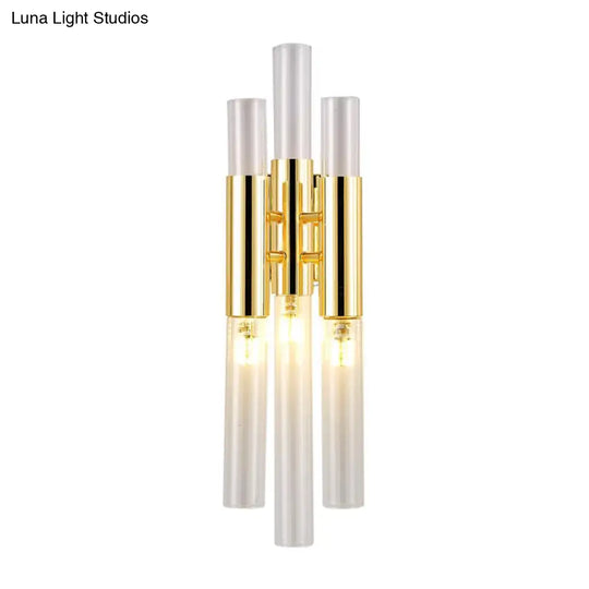 Modern Crystal Brass Flute Wall Mount Sconce Light Fixture For Living Room - 3 Lights