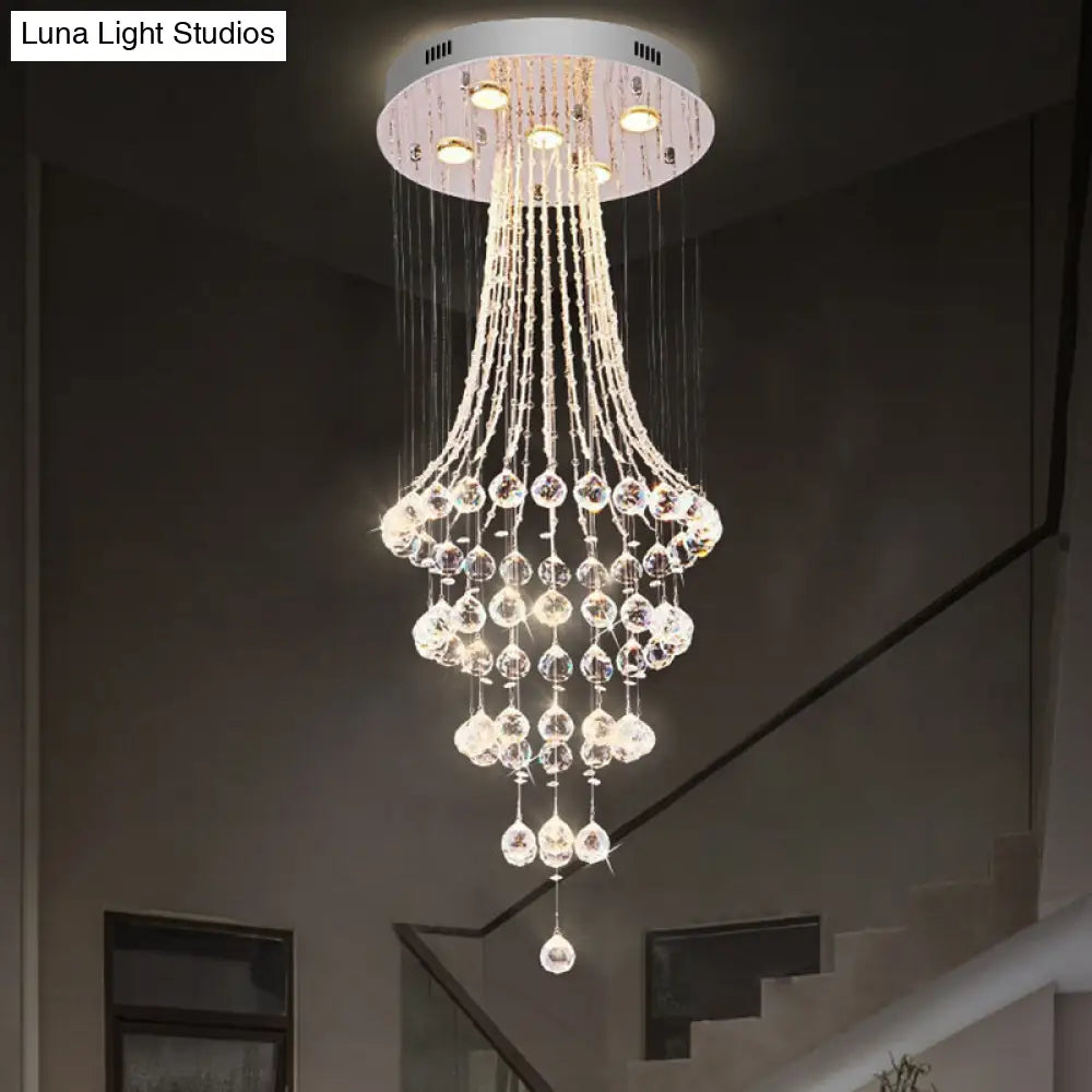 Modern Crystal Ceiling Lamp: Flared Drape 5-Head Flush Mount Fixture In Chrome - Stylish Dining Room